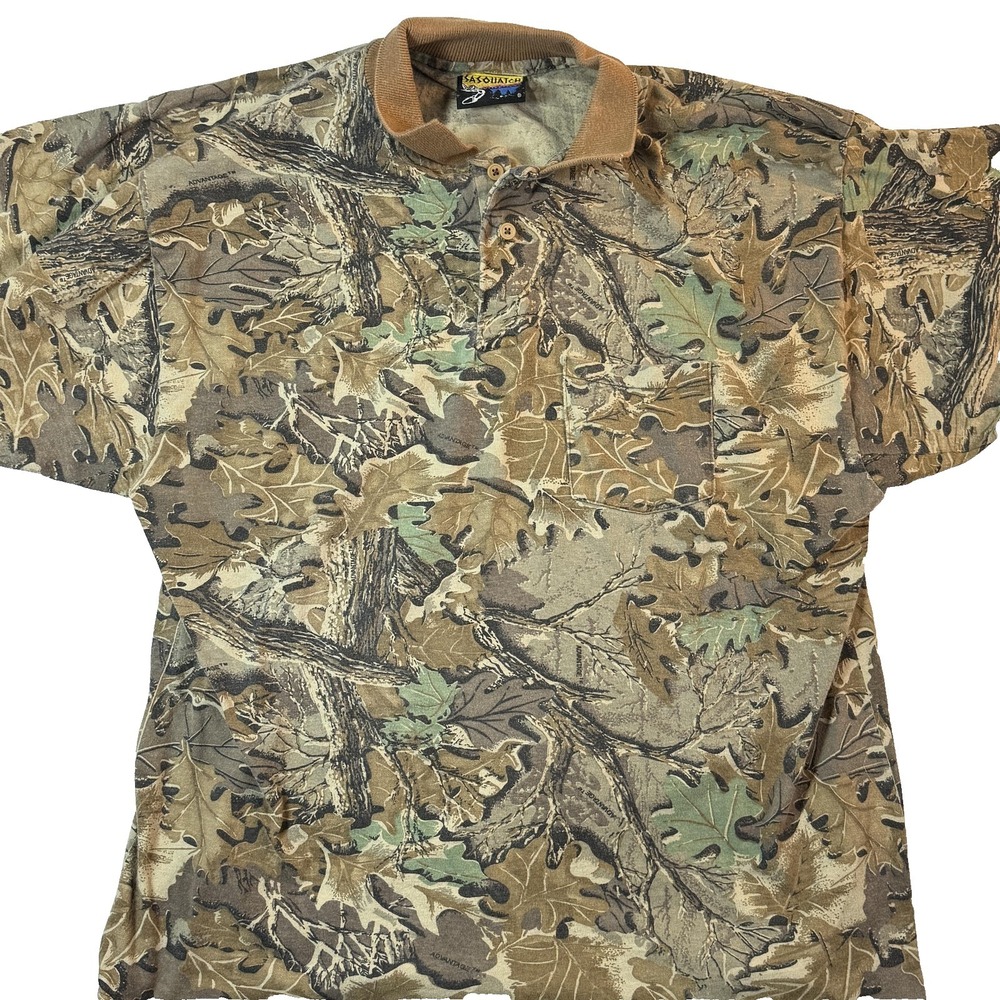 Vintage‎ Sasquatch Polo Shirt Mens L Allover Camo Hunting Outdoor USA Made